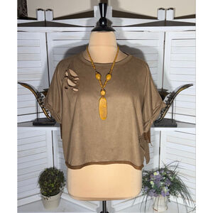 Vintage hippie boho top oversized style beige velvet distressed fringes sz XL